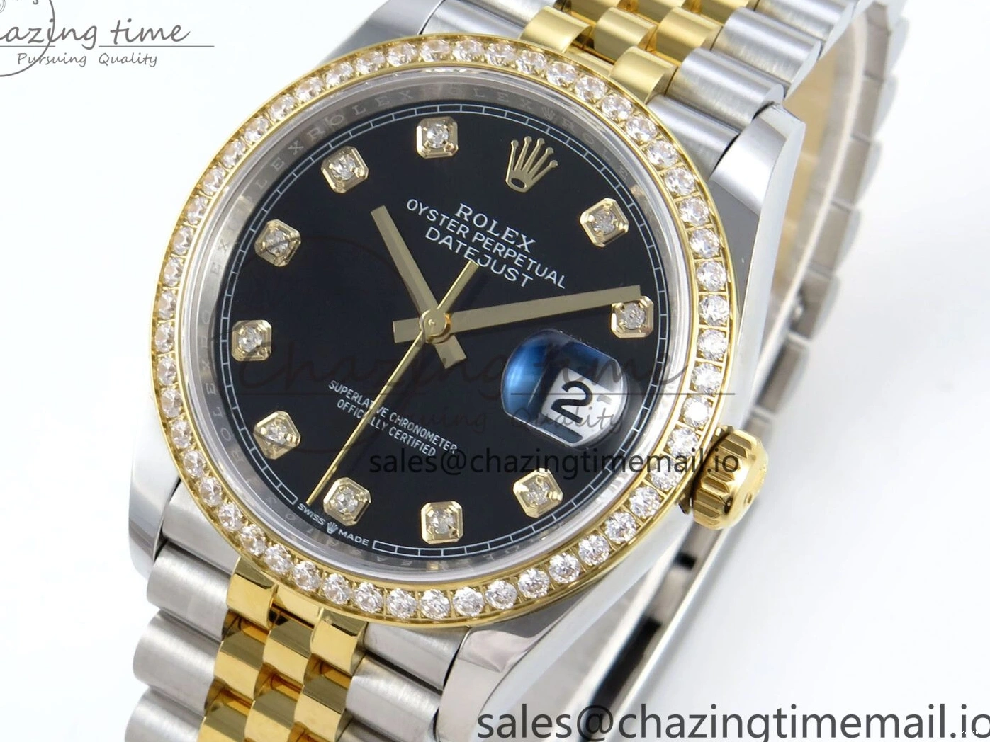 MiroTime 0109 Stretchable DateJust 36 126283RBR EWEF Best Edition Black Diamonds Dial on SS YG Jubilee Bracelet A 634